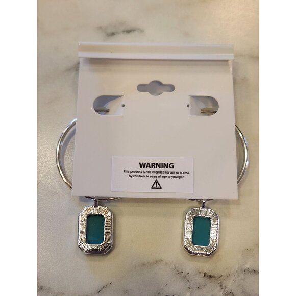Gloria Vanderbilt Silver Hoop Earrings W/ Turquoise Geometric Pendant Drop Women - Picture 3 of 5